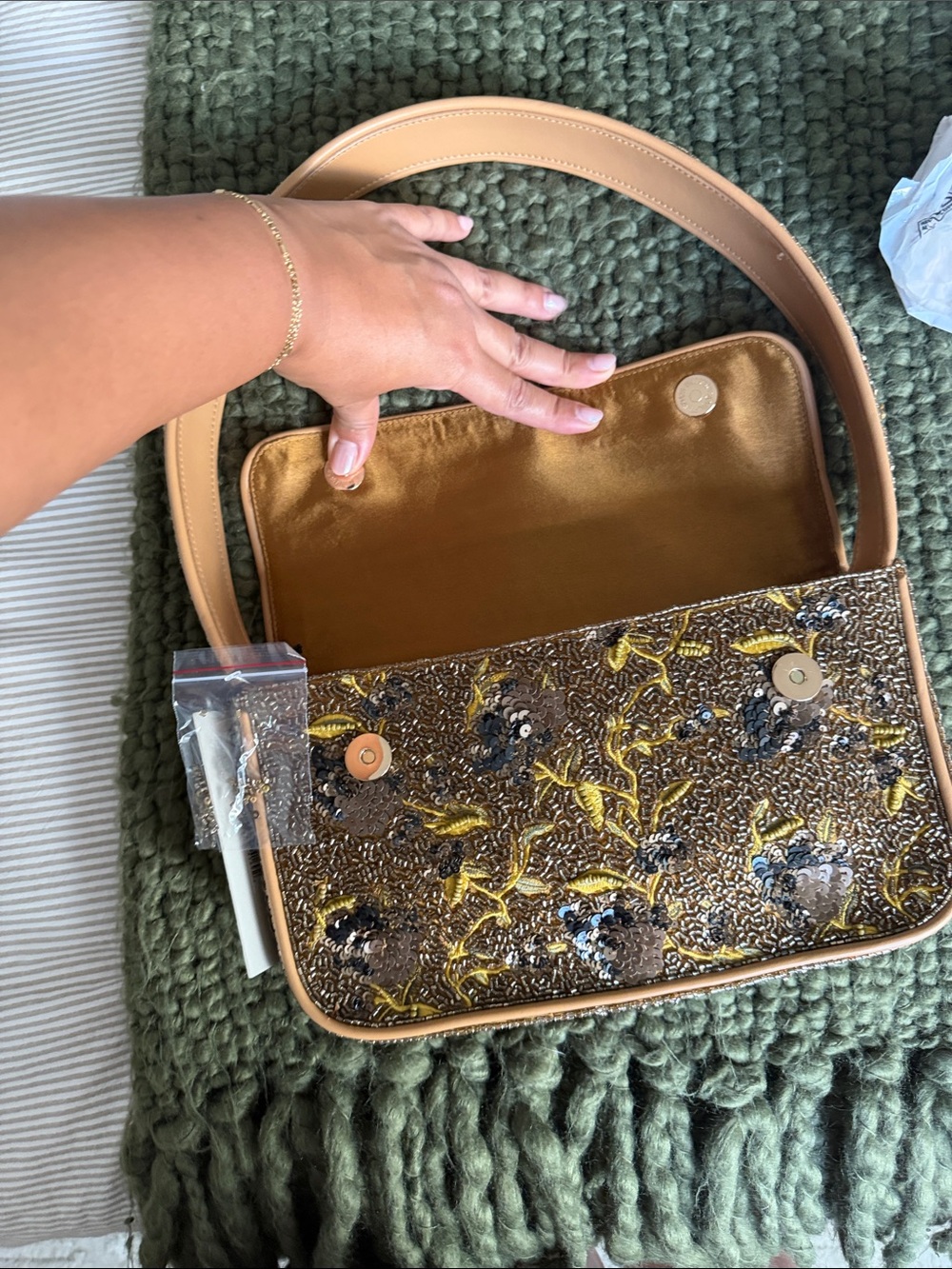 Brand new STAUD Brown Floral Sequin Shoulder Bag with Tan Trim - Picture 9 of 11
